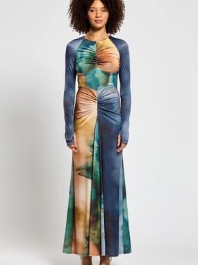 Long-Sleeve Ruched Maxi Dress in Blue, Green & Tan
